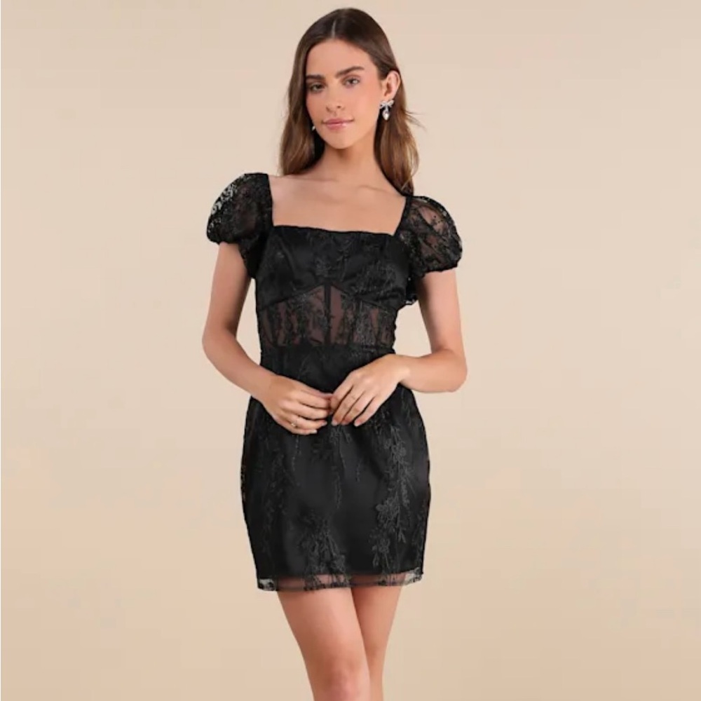 NWT Lulus Seriously Cute Black Embroidered Mesh Puff Sleeve Mini Dress